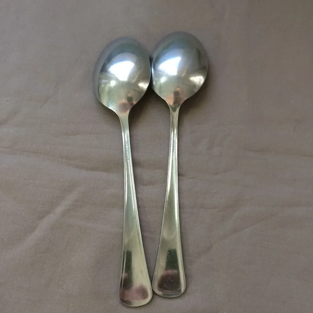 Oneida Craft 2 Oval Soup Spoons Needlepoint Beaded Artisty Stainless Steel 7 in